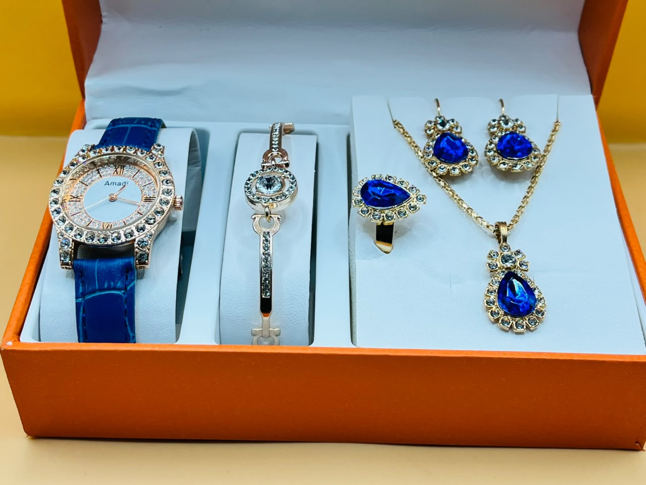 Royal Blue Crystal Women's Watch & Jewelry - Stylish, Elegant, and Luxurious Premium Gift Set - Includes 5 Pieces: Women's Watch + Bracelet + Jewelry Set