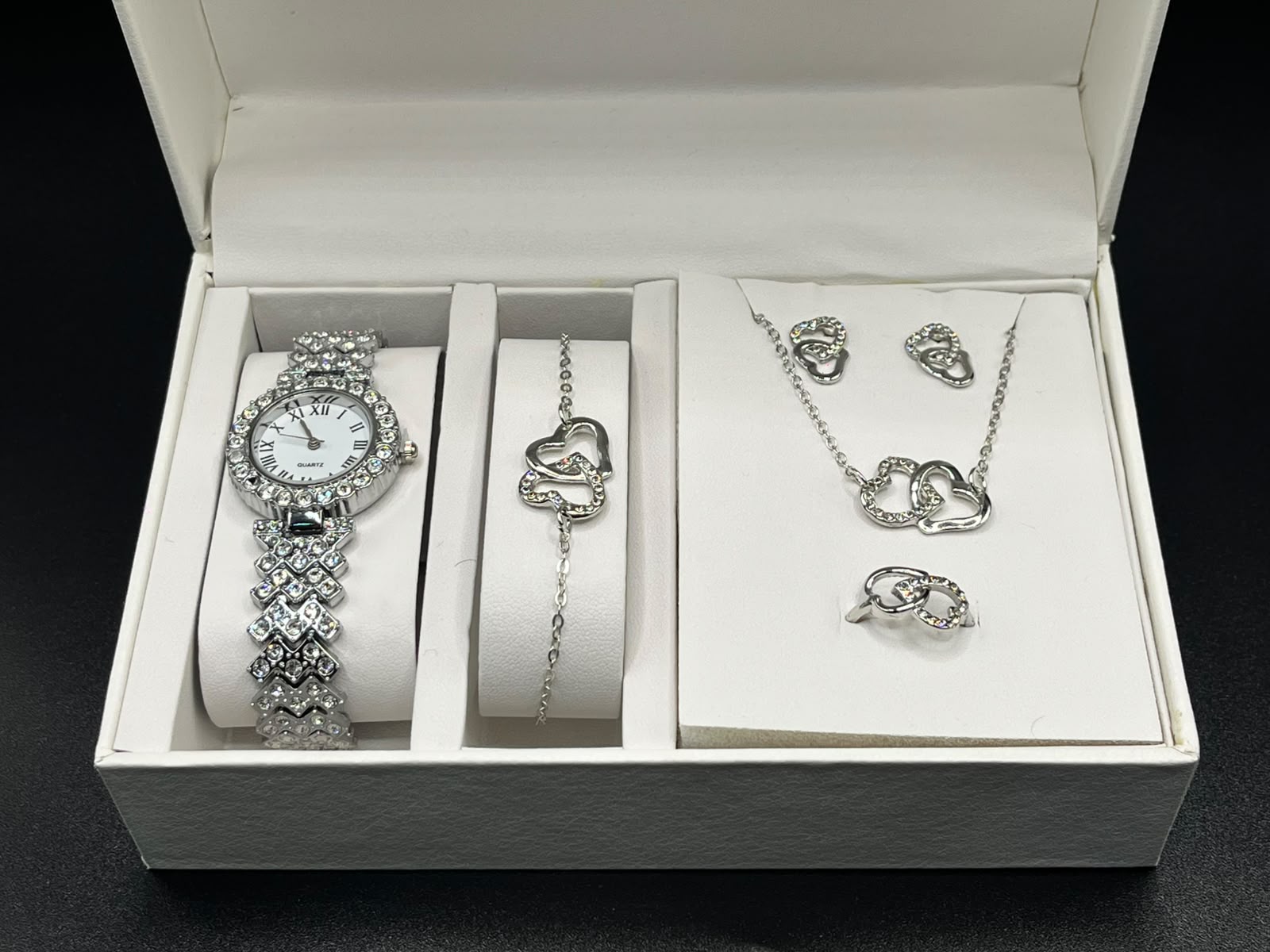 Elegant Silver Rhinestone Heart Watch & Jewelry Gift Set for Women - 5 Pieces (Watch, Bracelet, Necklace, Earrings, Ring